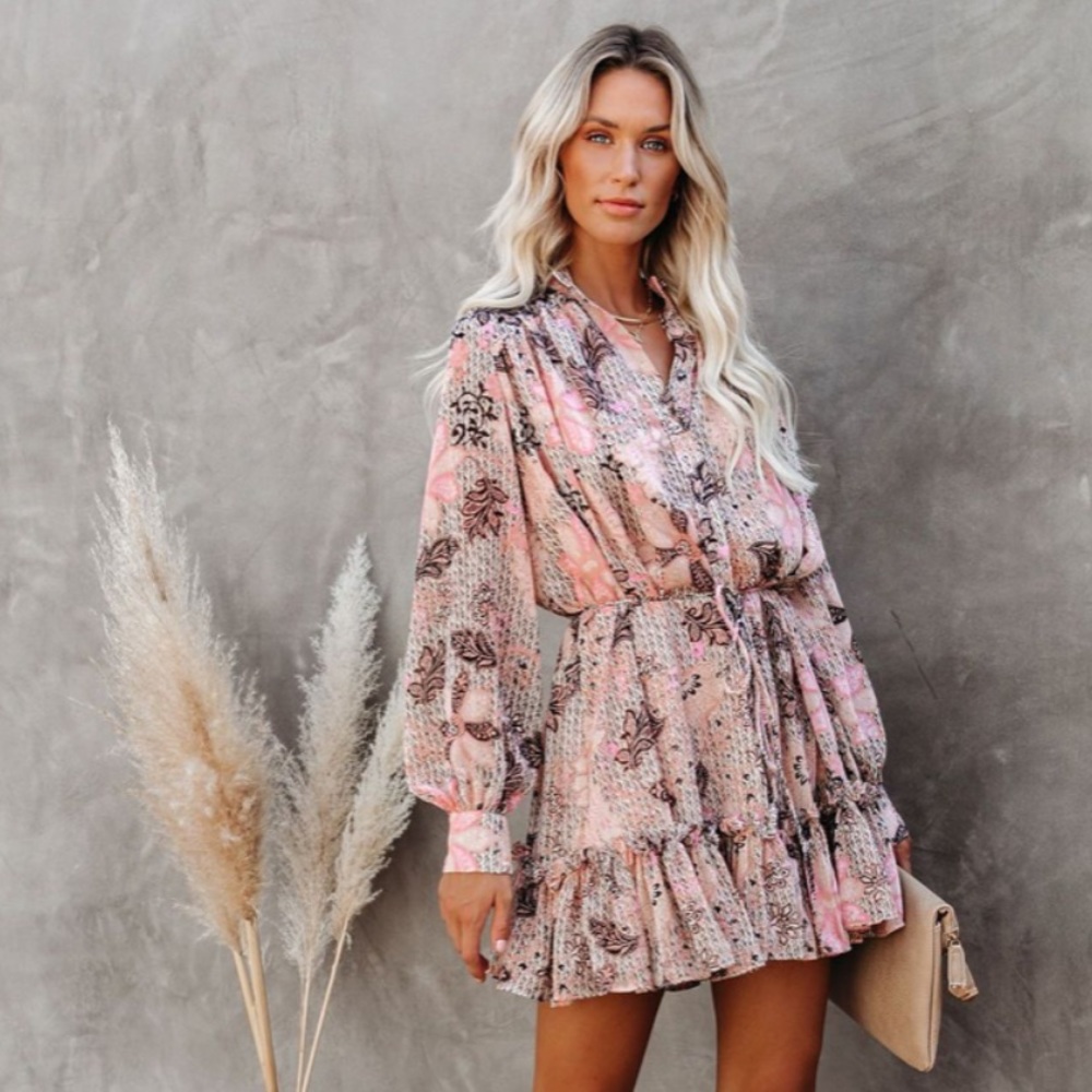 DANCING QUEEN PRINTED METALLIC BUTTON DOWN DRESS